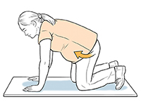 Pregnant woman on all fours doing pelvic tilt exercise.