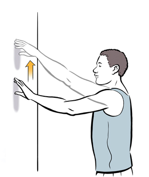 Man doing wall walk shoulder exercise.